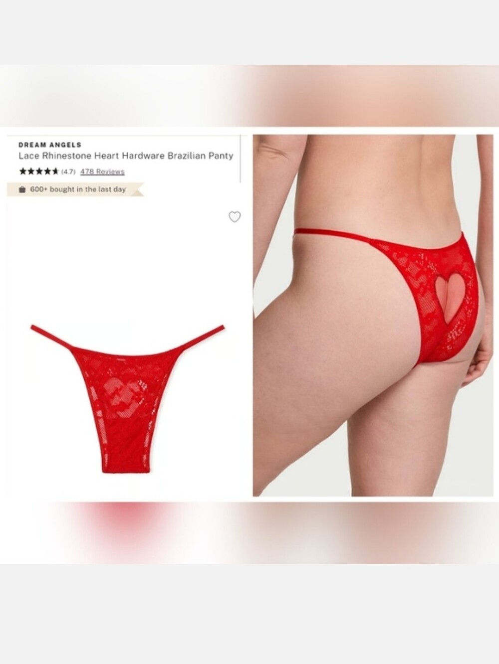 Victoria's Secret Dream Angel's Lace Rhinestone Heart Hardware Brazilian Panty
